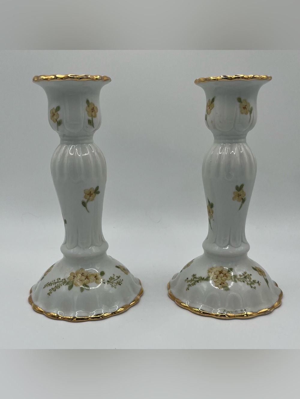 Vintage Porcelain Yellow Floral Design Gold Rim Candlesticks - Set of 2